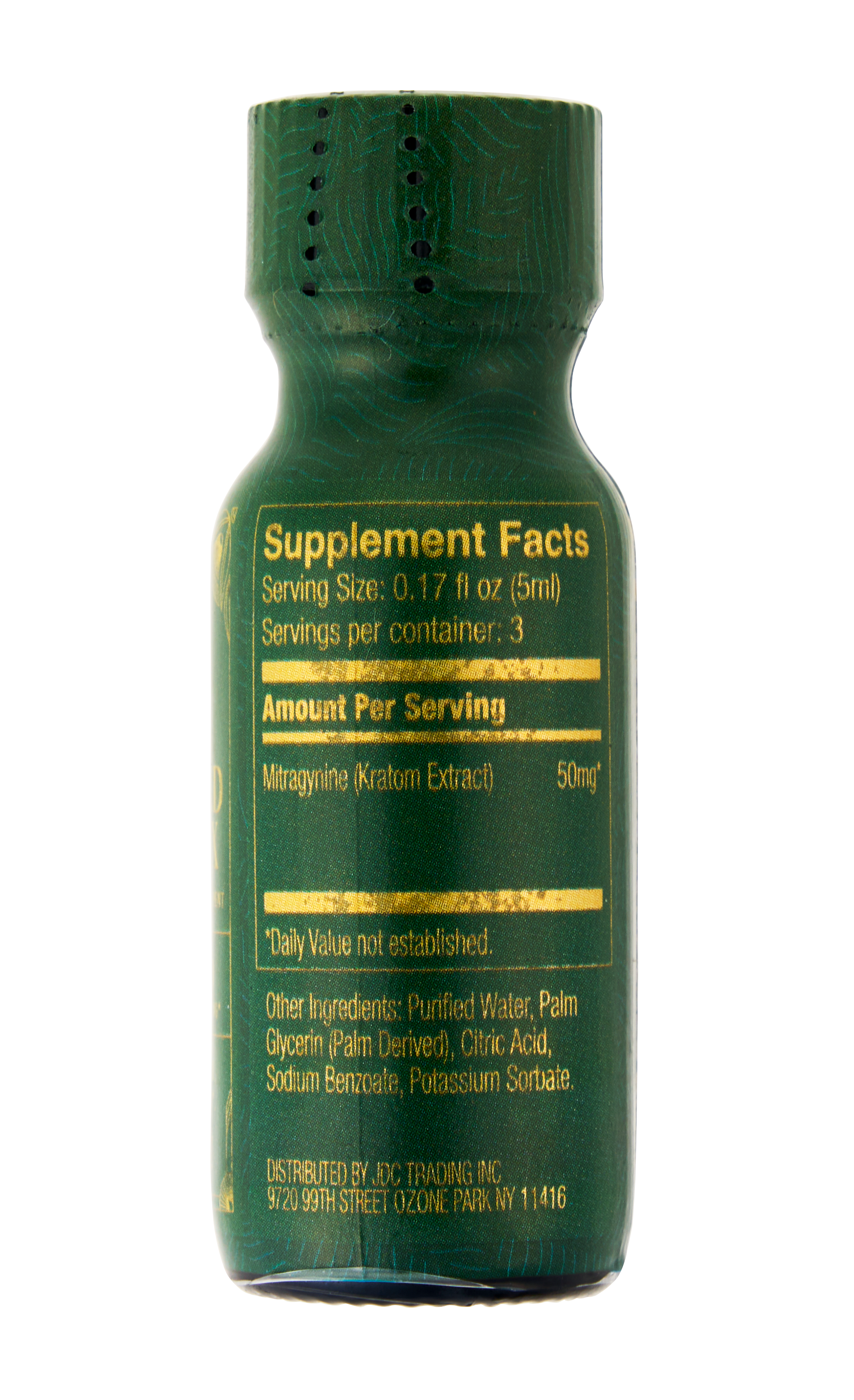 Green supplement bottle with label on a white background