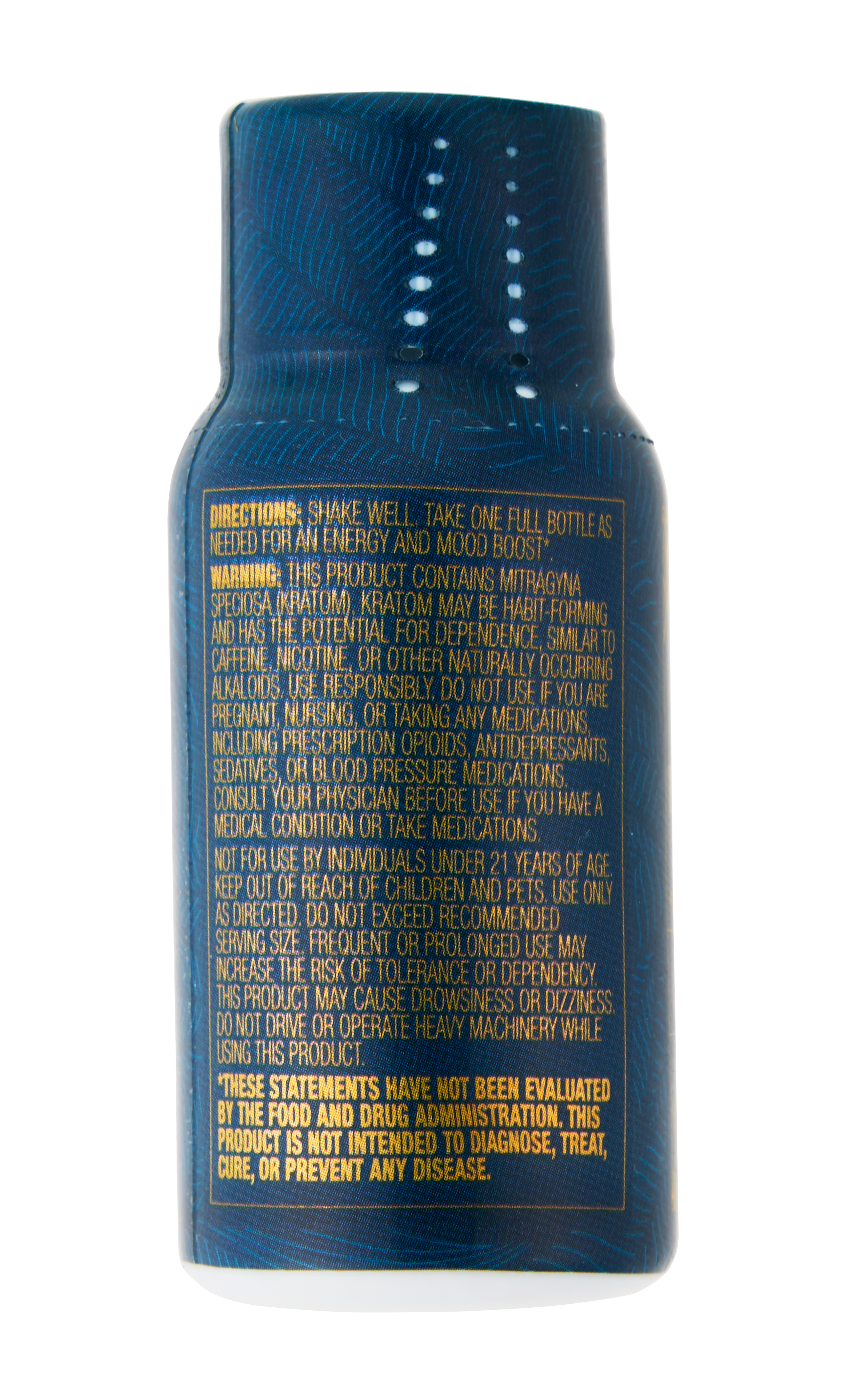 Blue supplement bottle with text on a white background
