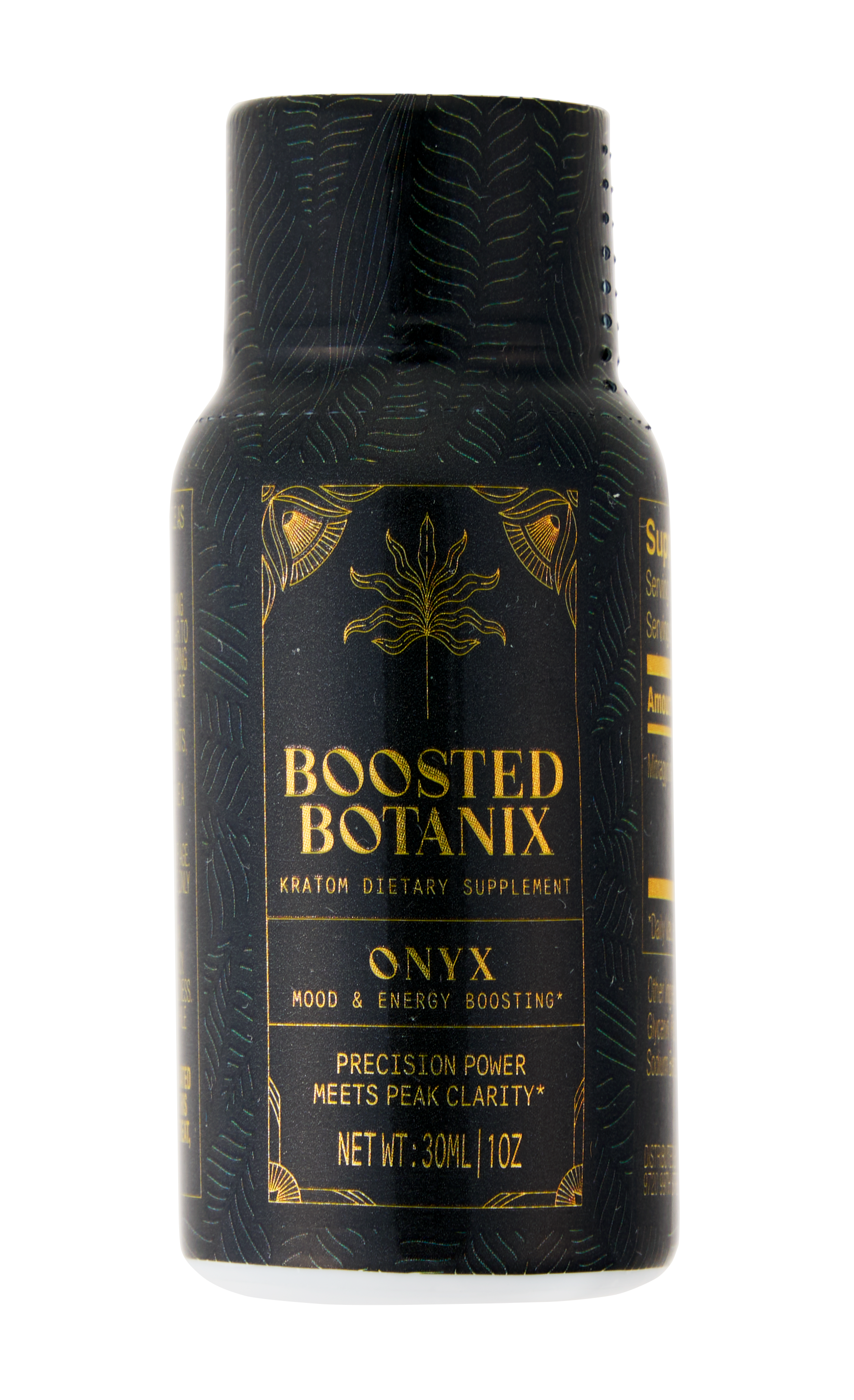 Black and gold supplement bottle labeled 'Boosted Botanix' on a white background
