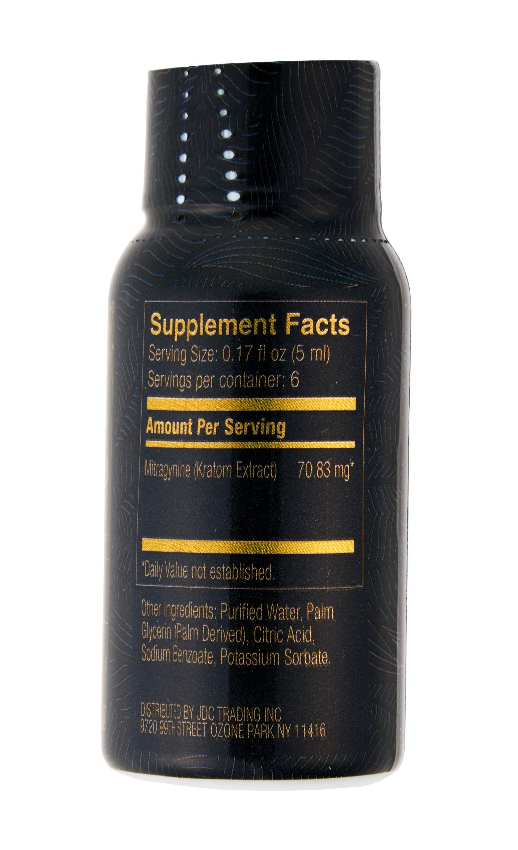 Black supplement bottle with yellow text on a white background