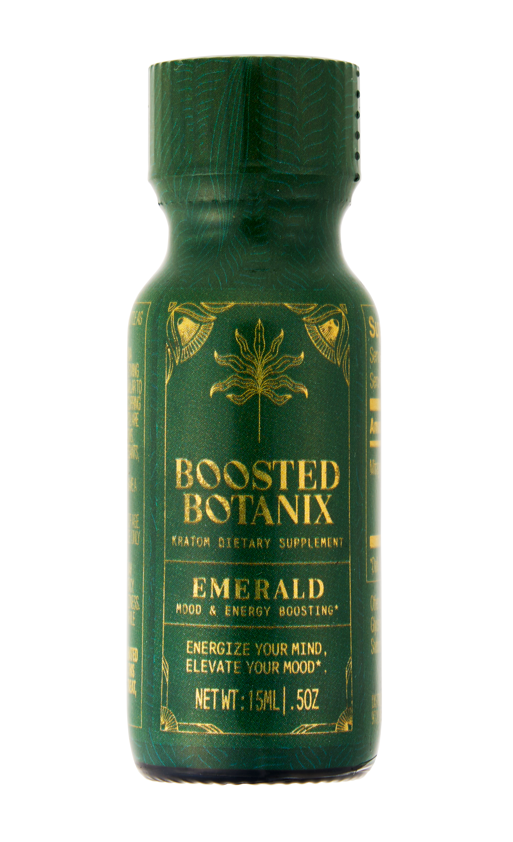 Green bottle of Boosted Botanix Emerald dietary supplement on a white background