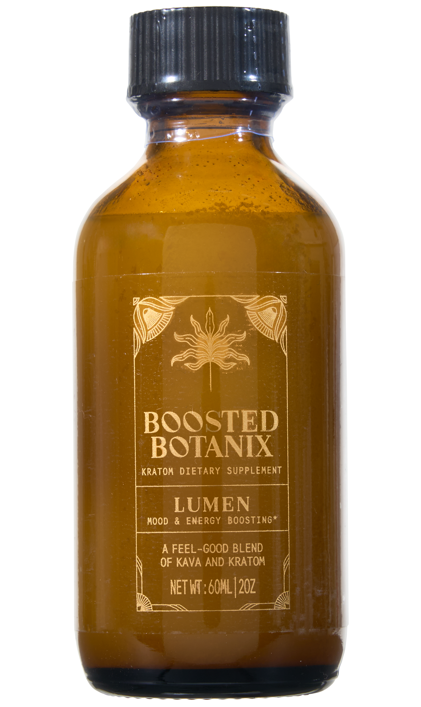 Brown bottle of Boosted Botanix Lumen supplement with black cap on a white background