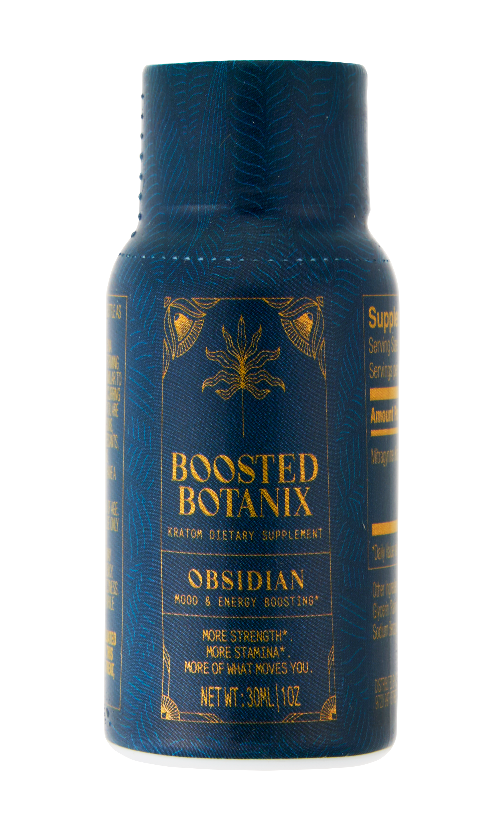 Blue bottle of Boosted Botanix Obsidian supplement on a white background