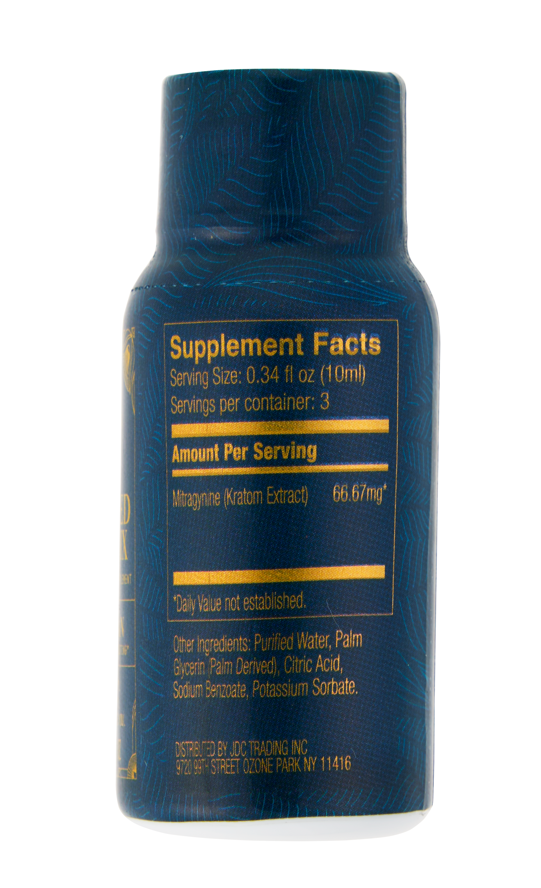 Blue supplement bottle with gold text on a white background