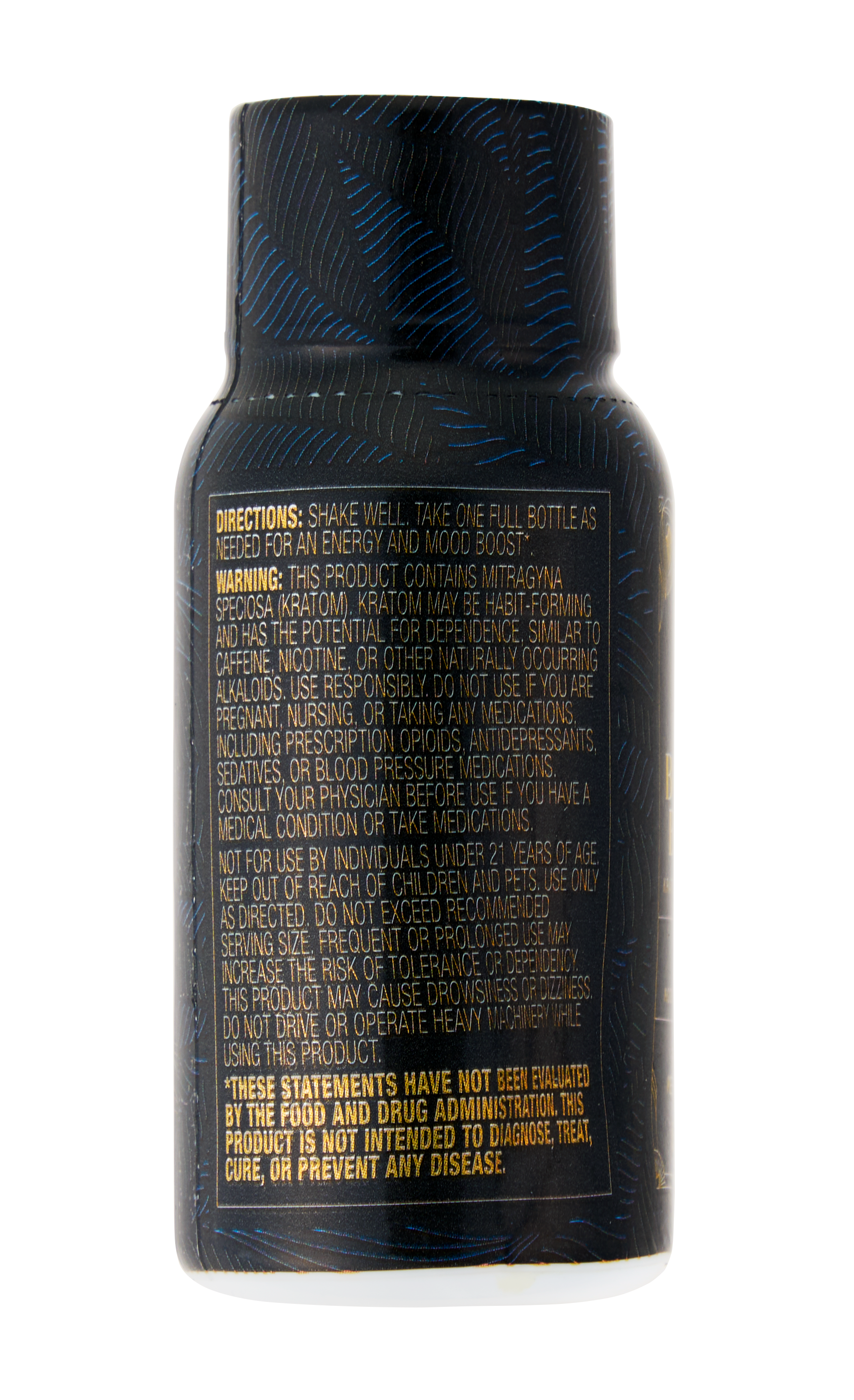 Black supplement bottle with text on a white background